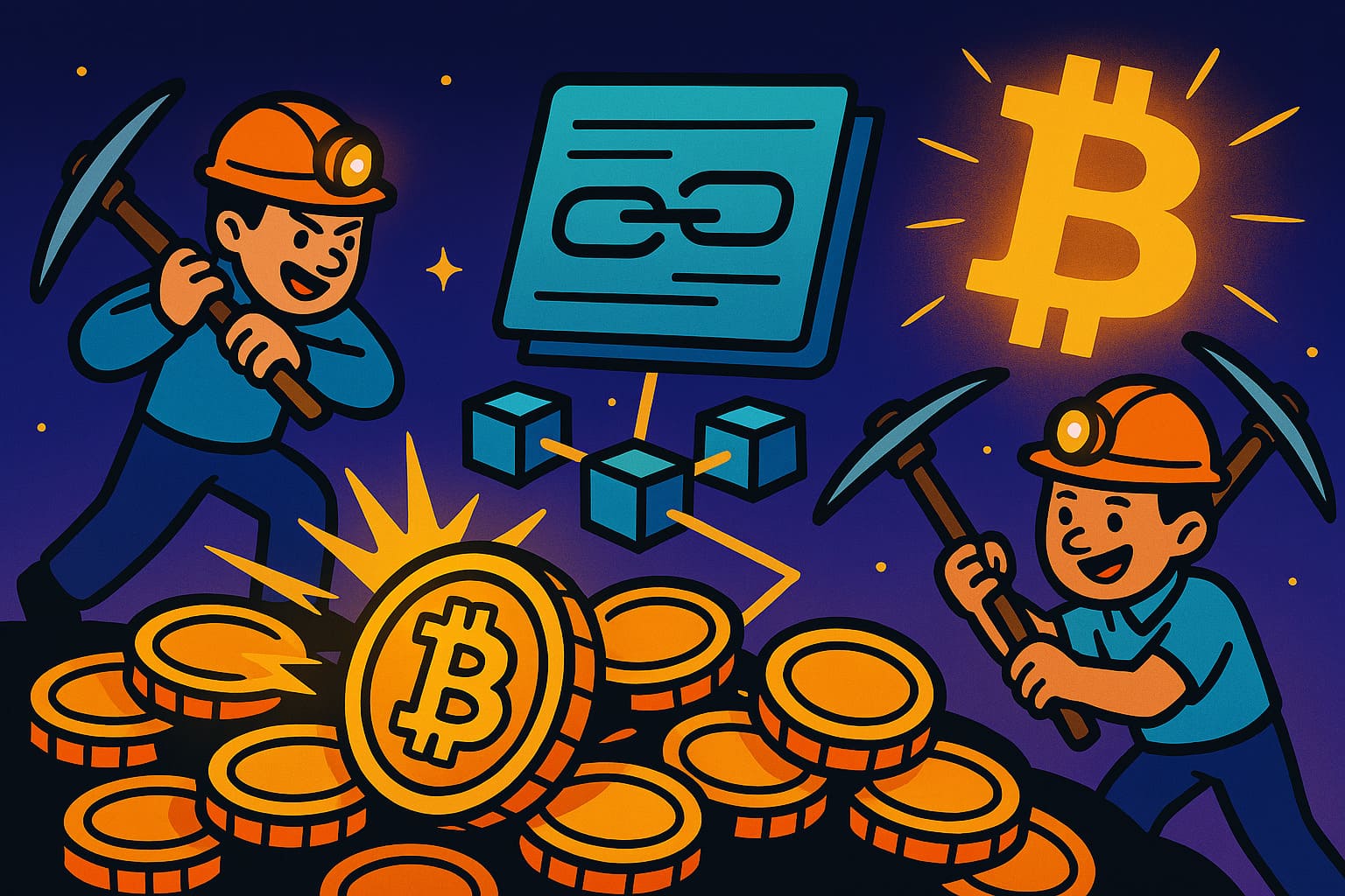 Cartoon depiction of Bitcoin with miners and blockchain ledger