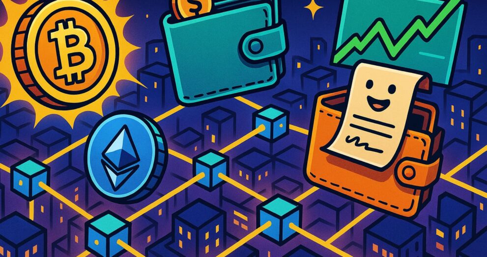 Cartoon depiction of decentralized application ecosystem with tokens and smart contracts