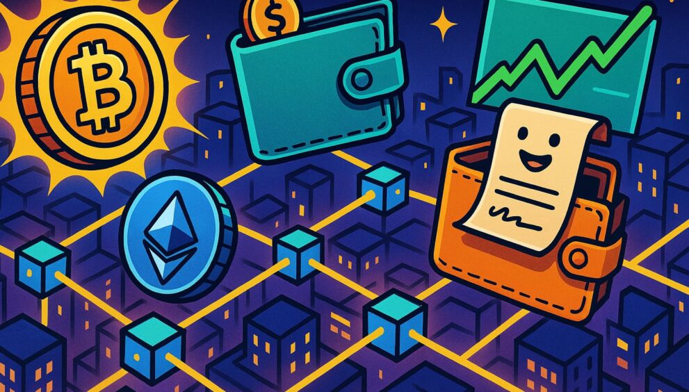 Cartoon depiction of decentralized application ecosystem with tokens and smart contracts