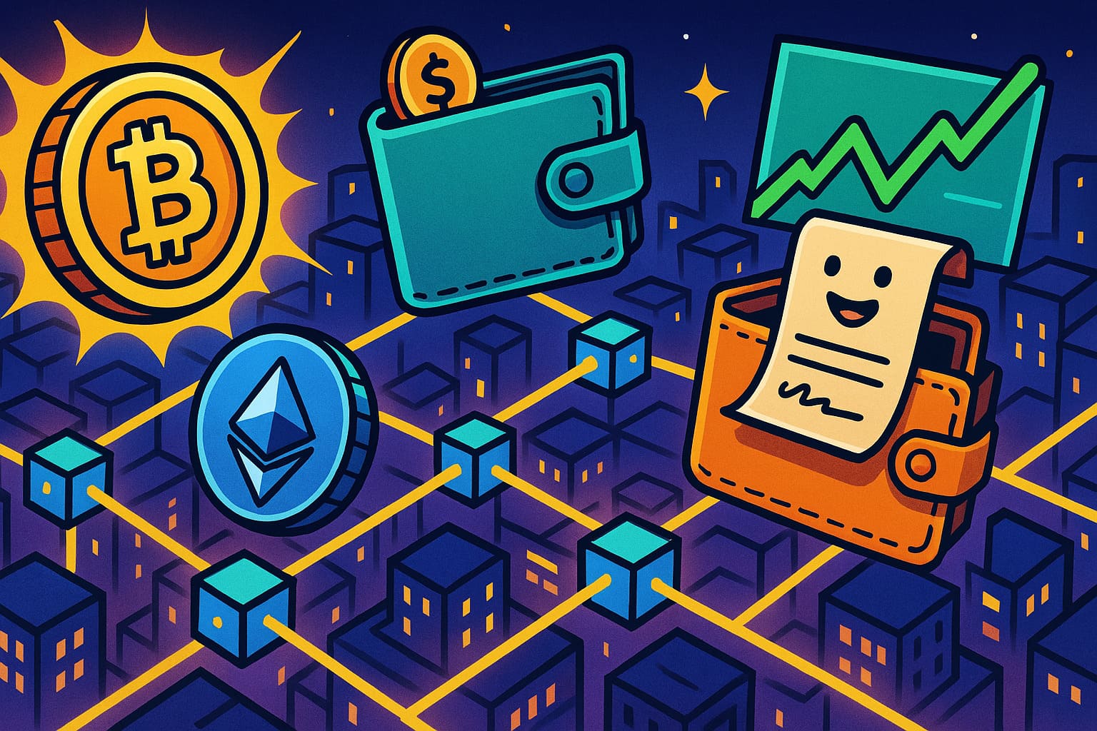 Cartoon depiction of decentralized application ecosystem with tokens and smart contracts