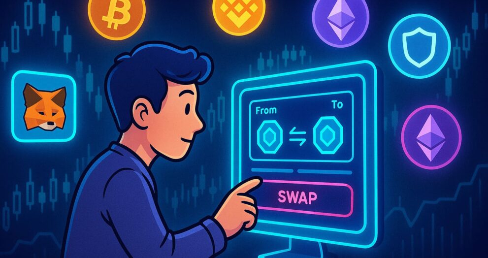 Editorial-style illustration of a user trading tokens on a decentralized exchange using a wallet like MetaMask, with crypto symbols floating around.
