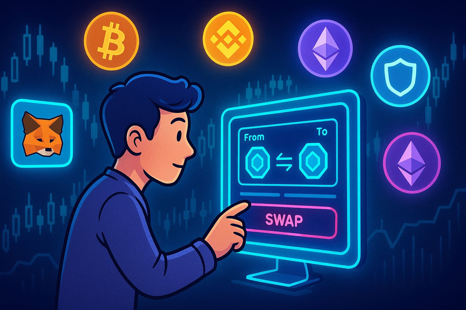 Editorial-style illustration of a user trading tokens on a decentralized exchange using a wallet like MetaMask, with crypto symbols floating around.