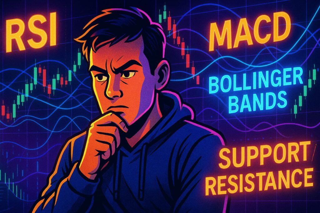 Editorial-style illustration of a crypto trader studying technical analysis terms like RSI and MACD, with trading charts and indicators glowing in the background.