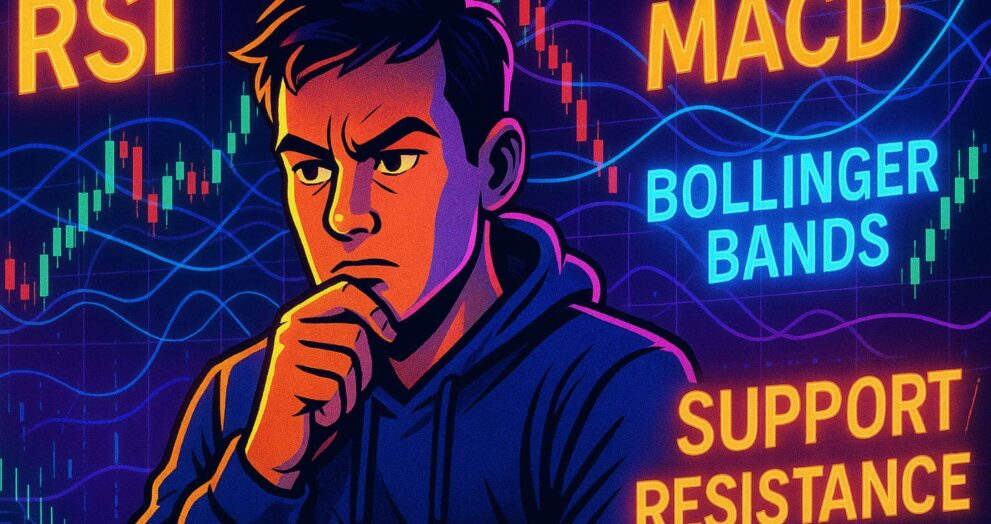 Editorial-style illustration of a crypto trader studying technical analysis terms like RSI and MACD, with trading charts and indicators glowing in the background.