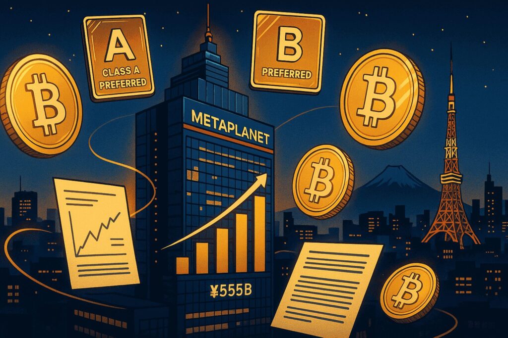 Illustration of Metaplanet headquarters preparing Bitcoin funding strategy with glowing coins, preferred shares, and rising financial charts.