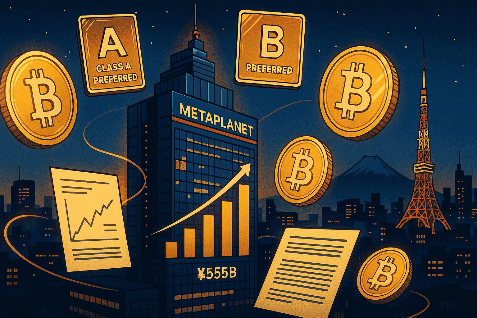 Illustration of Metaplanet headquarters preparing Bitcoin funding strategy with glowing coins, preferred shares, and rising financial charts.