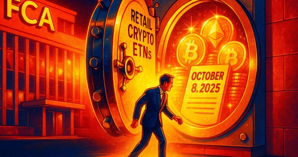 Illustration of FCA reopening access to crypto ETNs for UK retail investors with safety rules in place.