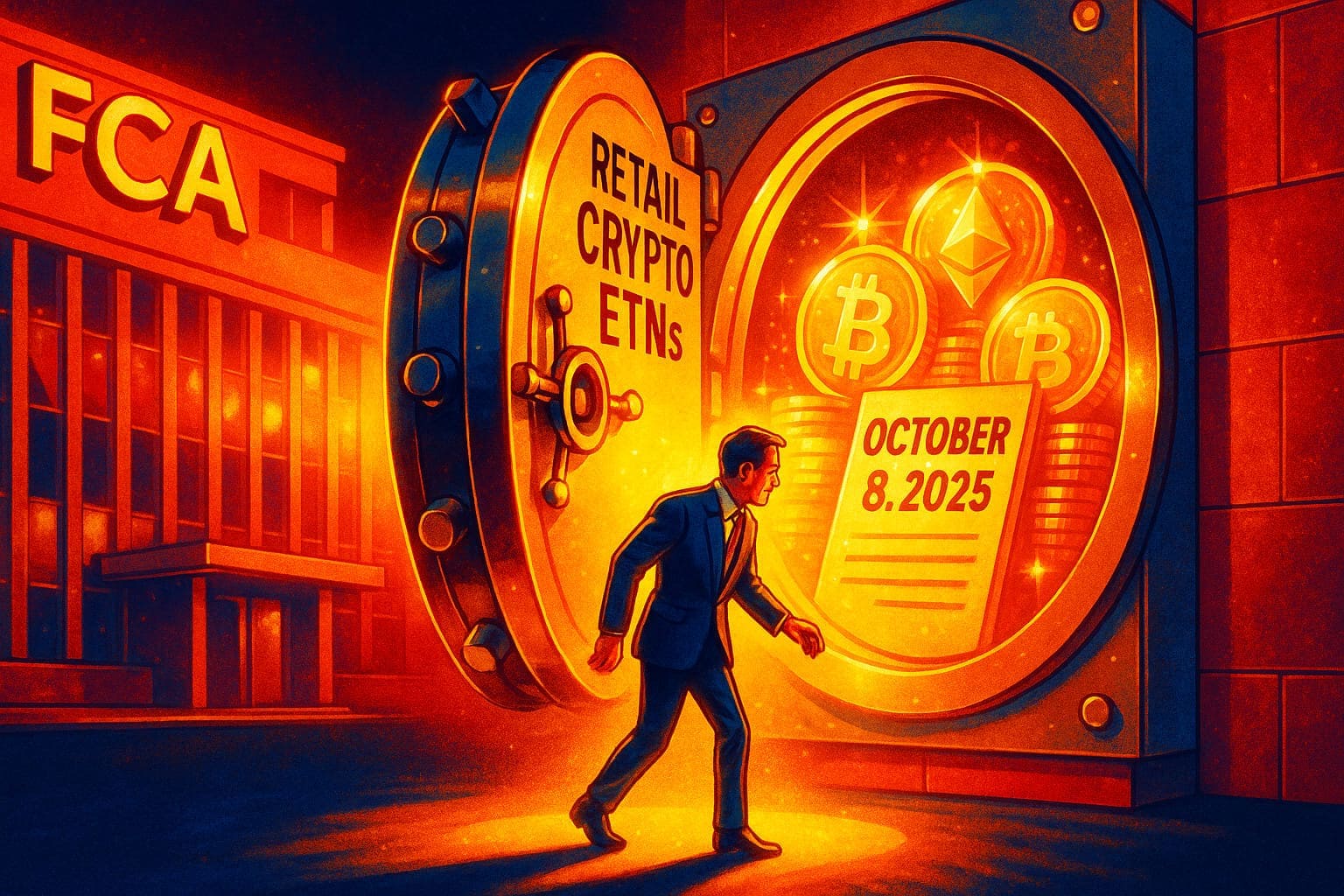 Illustration of FCA reopening access to crypto ETNs for UK retail investors with safety rules in place.