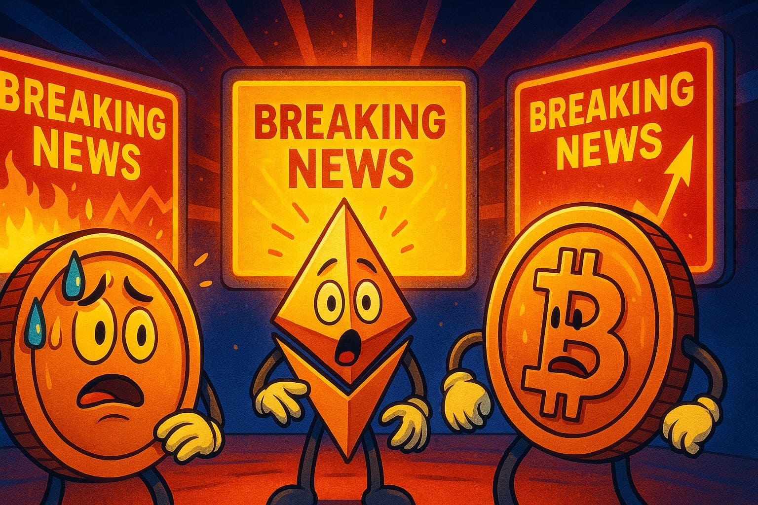 Editorial-style illustration showing crypto coins reacting to news headlines, symbolizing how news events impact crypto prices.