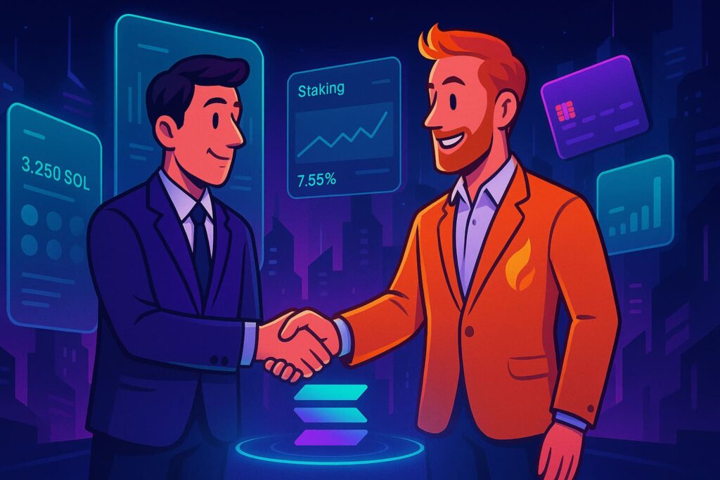 Illustration of DeFi Dev and Solflare partnership promoting Solana wallet, staking, and debit card adoption
