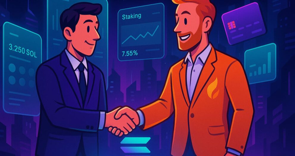 Illustration of DeFi Dev and Solflare partnership promoting Solana wallet, staking, and debit card adoption
