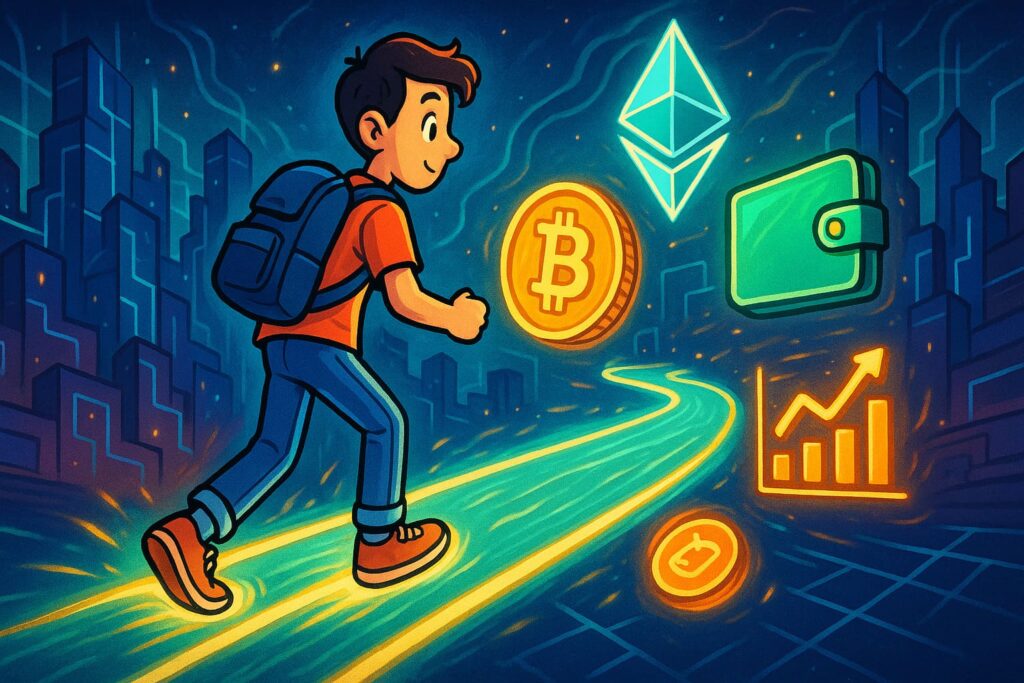 Editorial-style illustration of a beginner starting their crypto journey surrounded by symbols like Bitcoin, Ethereum, wallets, and charts.