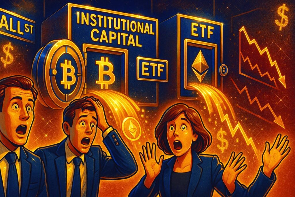 Illustration of Bitcoin and Ethereum ETF capital outflows with shocked investors and collapsing graphs.