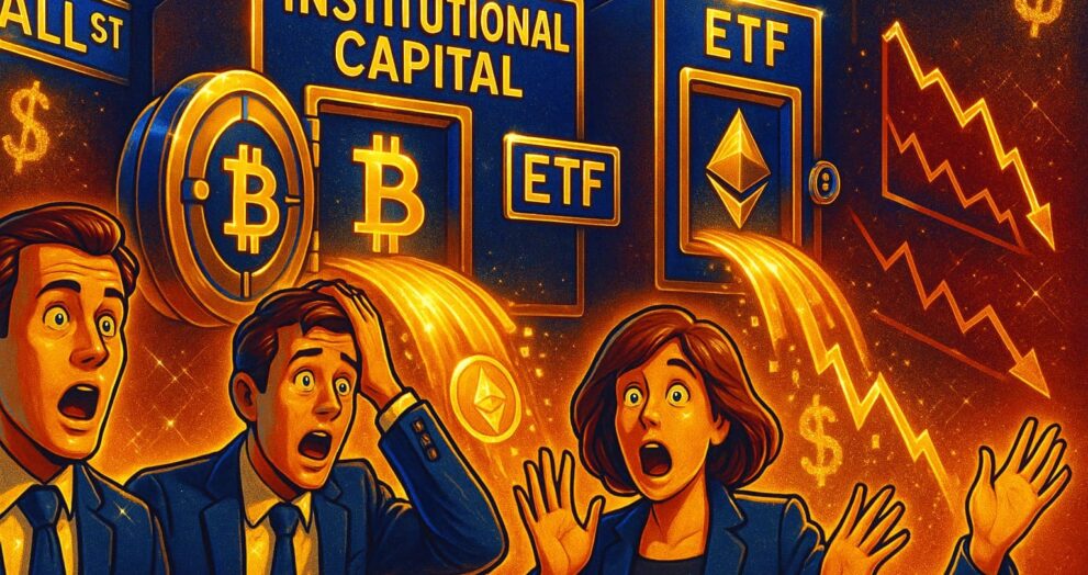 Illustration of Bitcoin and Ethereum ETF capital outflows with shocked investors and collapsing graphs.
