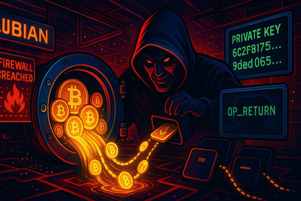 Illustration of the LuBian Bitcoin heist showing a hacker draining BTC from a mining pool in a dramatic cyber theft scene