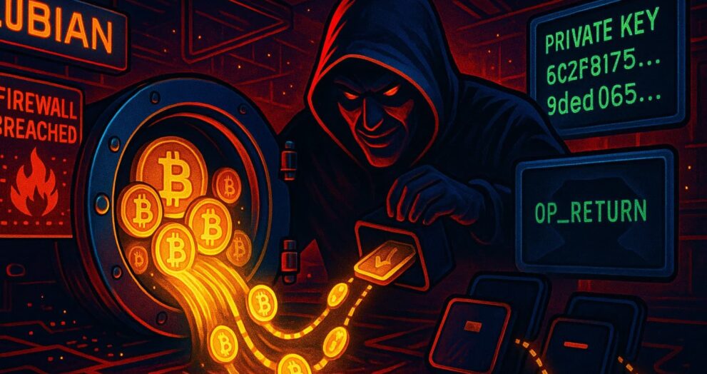 Illustration of the LuBian Bitcoin heist showing a hacker draining BTC from a mining pool in a dramatic cyber theft scene