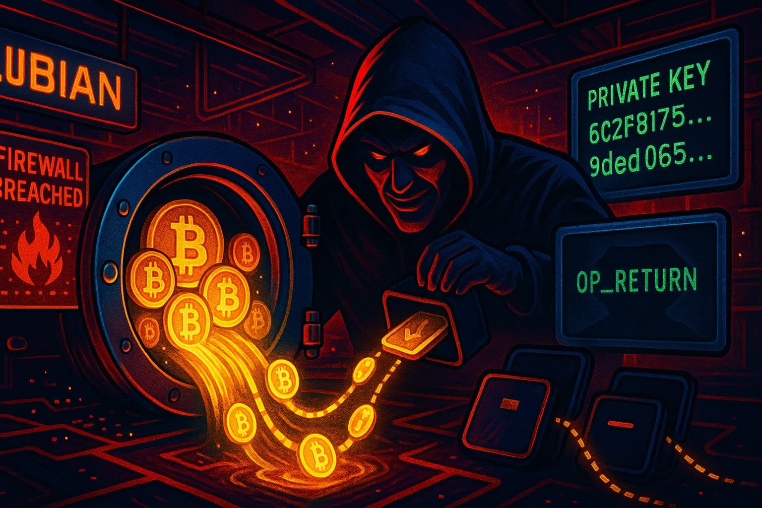 Illustration of the LuBian Bitcoin heist showing a hacker draining BTC from a mining pool in a dramatic cyber theft scene