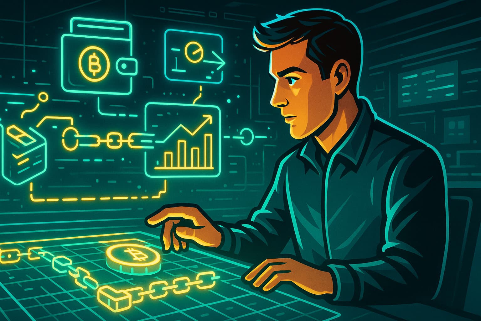 Editorial-style illustration of a crypto trader analyzing blockchain data with glowing transaction charts and wallets, representing on-chain analysis.