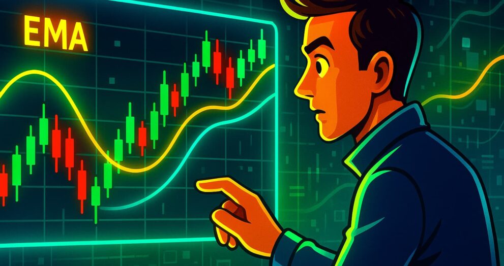 Editorial-style illustration of a trader analyzing EMA curves on a crypto chart, showing how Exponential Moving Averages work in trading.