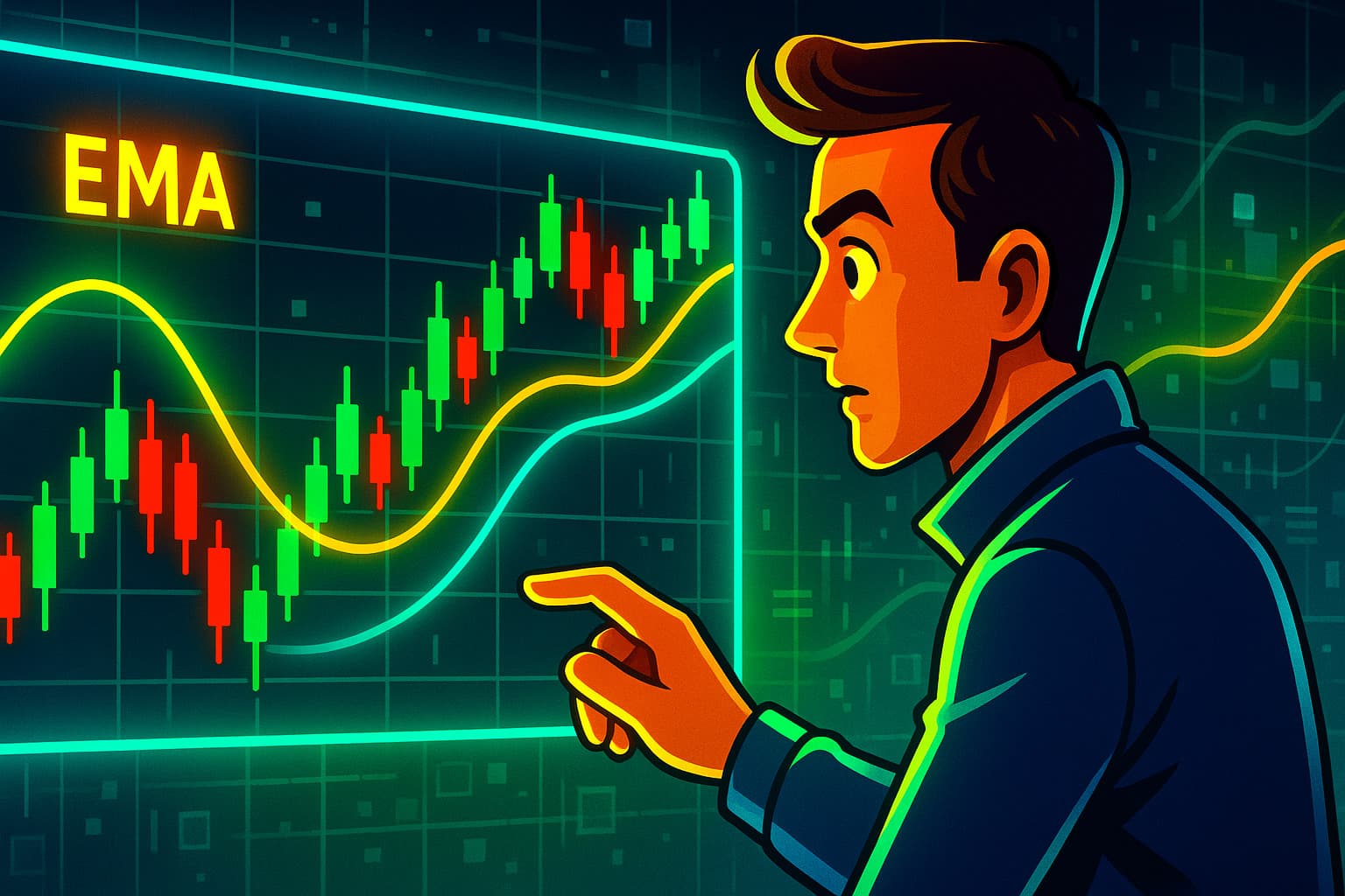 Editorial-style illustration of a trader analyzing EMA curves on a crypto chart, showing how Exponential Moving Averages work in trading.