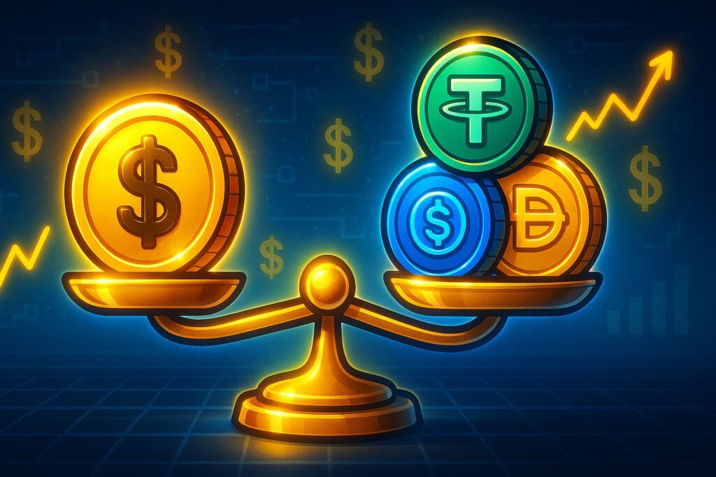 Illustration of stablecoins floating calmly on blockchain waves, showing their steady value, creation process, and how companies profit from them.