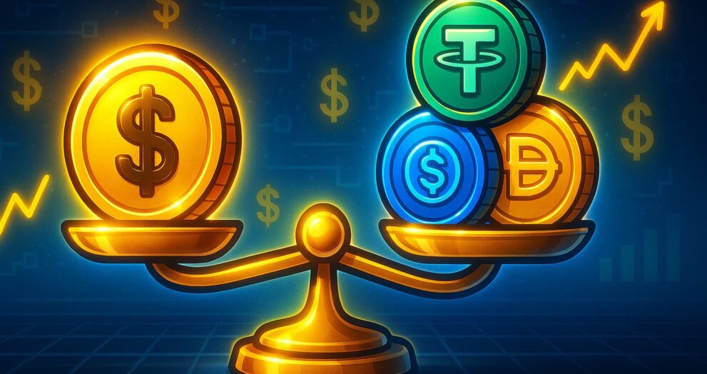 Illustration of stablecoins floating calmly on blockchain waves, showing their steady value, creation process, and how companies profit from them.