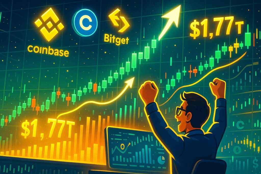 Editorial-style illustration showing crypto trading volume surging to $1.77 trillion in July 2025, with exchanges like Binance and Coinbase leading the charge.