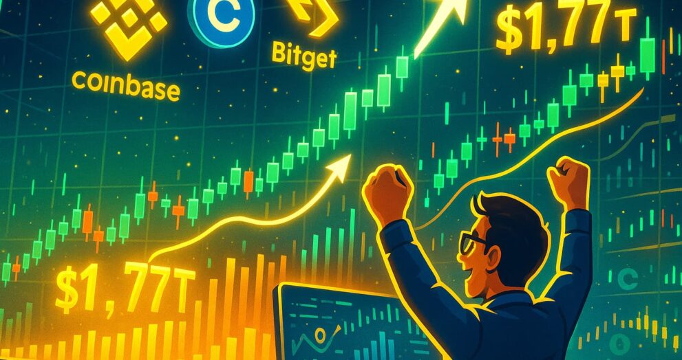 Editorial-style illustration showing crypto trading volume surging to $1.77 trillion in July 2025, with exchanges like Binance and Coinbase leading the charge.