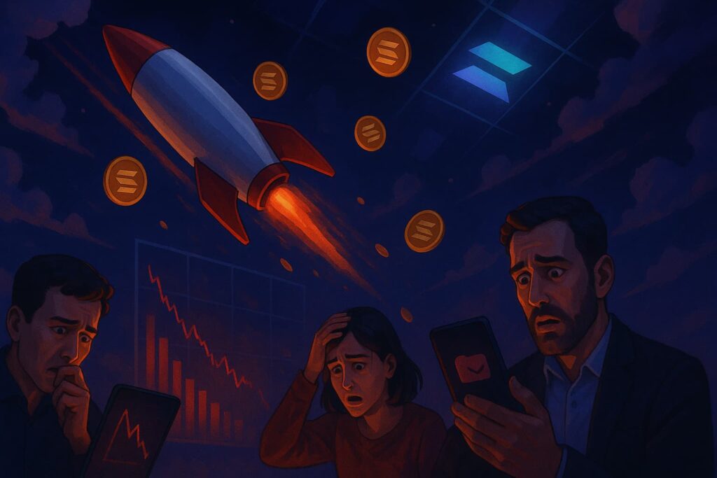 Editorial-style illustration showing Pump.fun's revenue crash and declining Solana memecoin activity