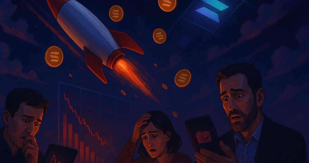 Editorial-style illustration showing Pump.fun's revenue crash and declining Solana memecoin activity