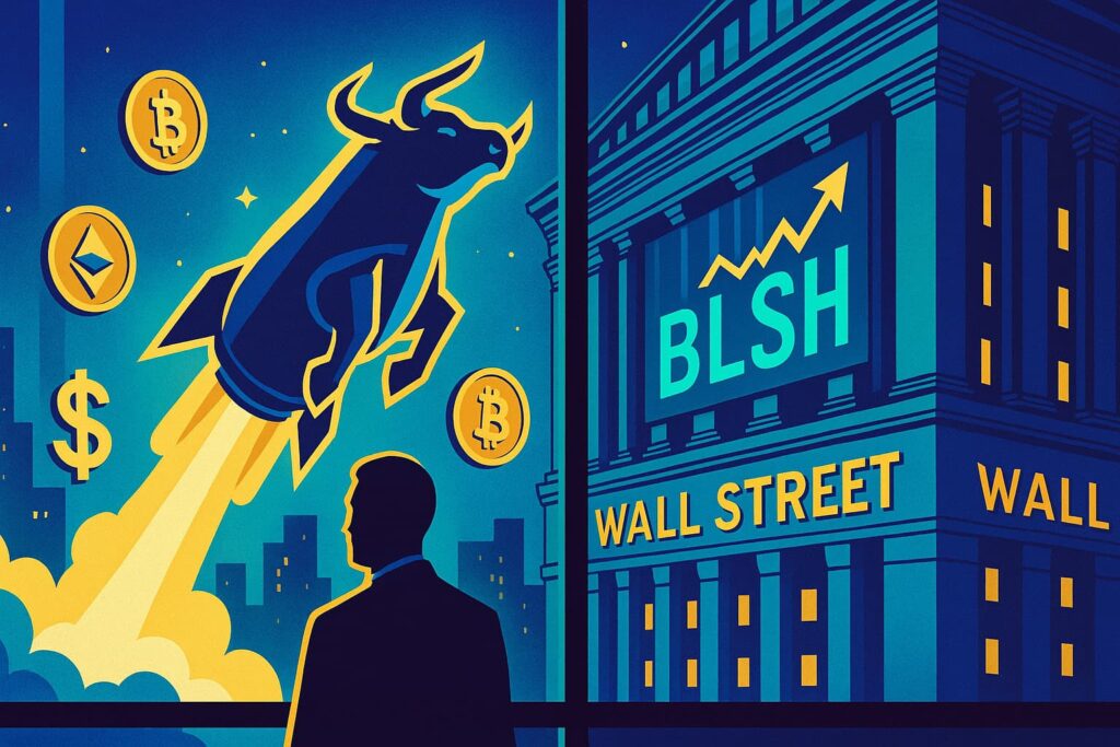 Editorial-style illustration showing Bullish IPO launch with crypto bull rocket and NYSE ticker
