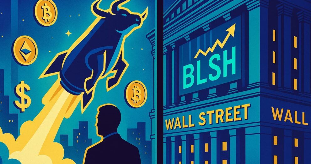 Editorial-style illustration showing Bullish IPO launch with crypto bull rocket and NYSE ticker