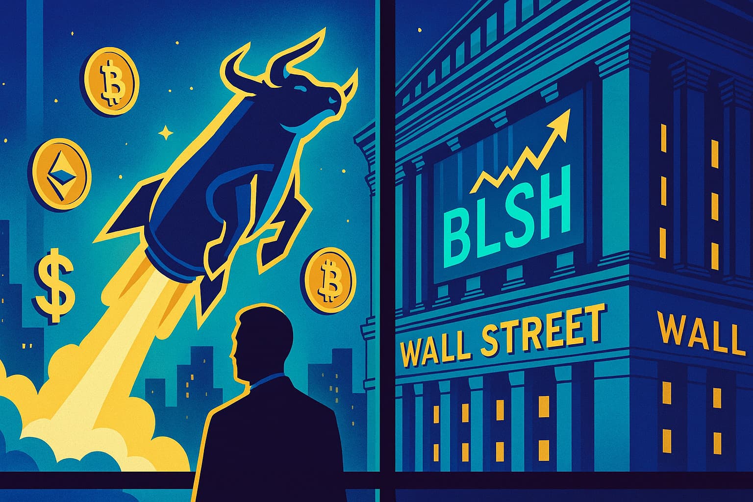 Editorial-style illustration showing Bullish IPO launch with crypto bull rocket and NYSE ticker