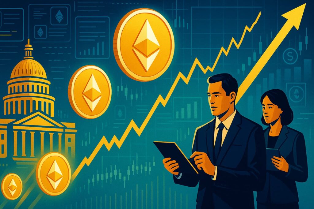 Editorial-style illustration showing Ethereum rising, institutional investors, and legal symbols representing ETH’s bullish surge
