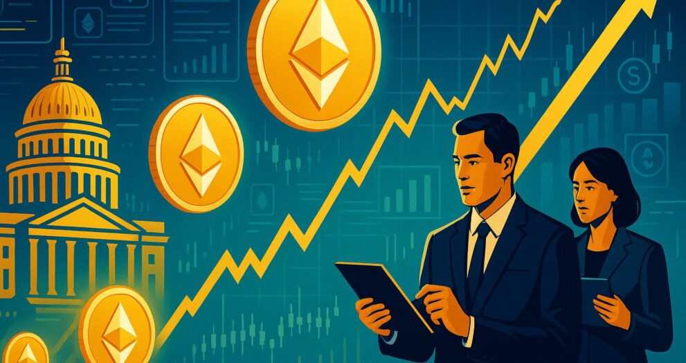 Editorial-style illustration showing Ethereum rising, institutional investors, and legal symbols representing ETH’s bullish surge
