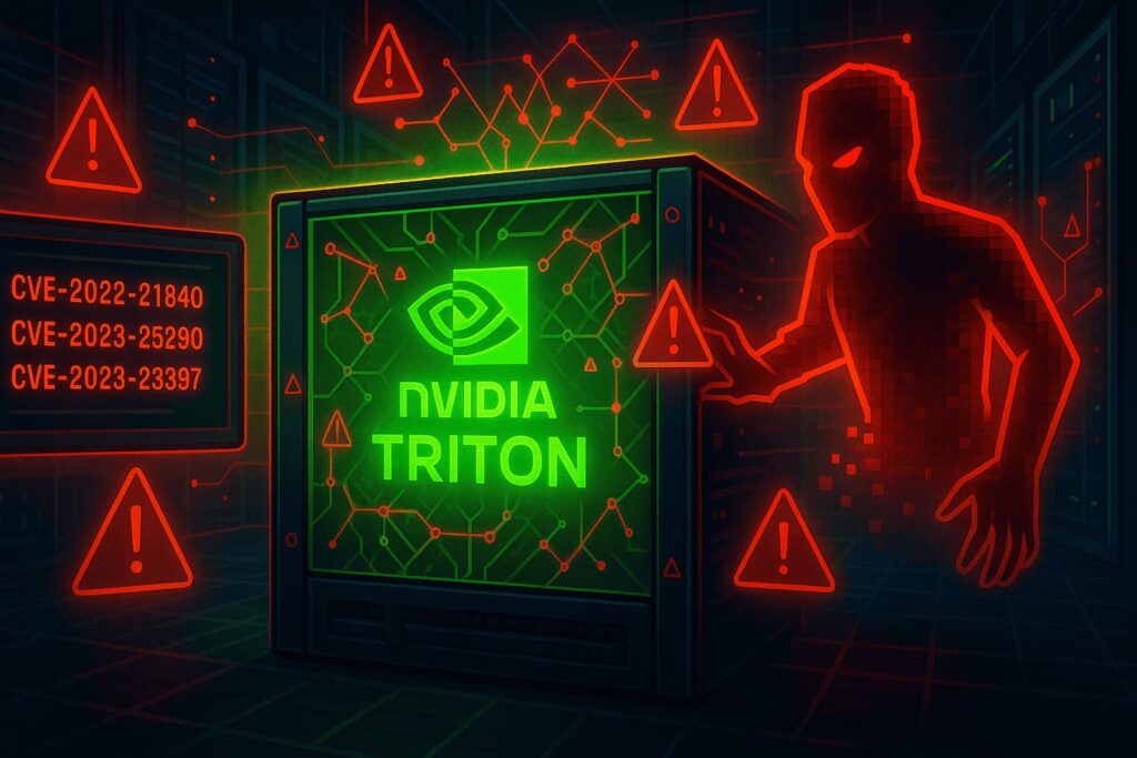 Illustration showing Nvidia Triton AI server under cyberattack with vulnerability codes and digital intruder elements