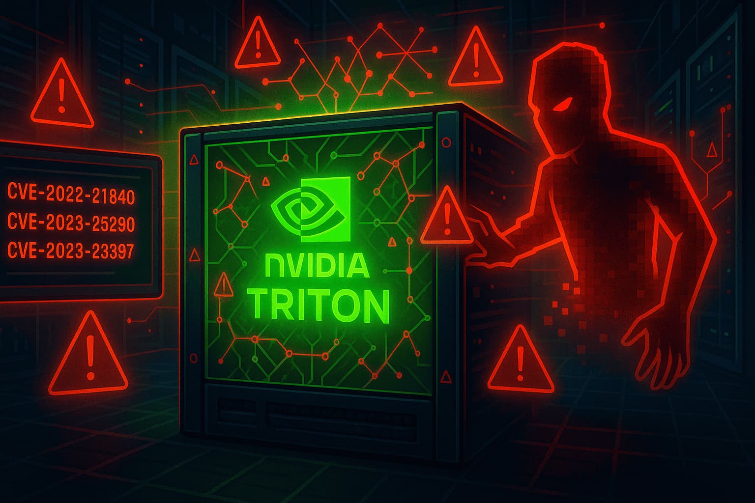 Illustration showing Nvidia Triton AI server under cyberattack with vulnerability codes and digital intruder elements