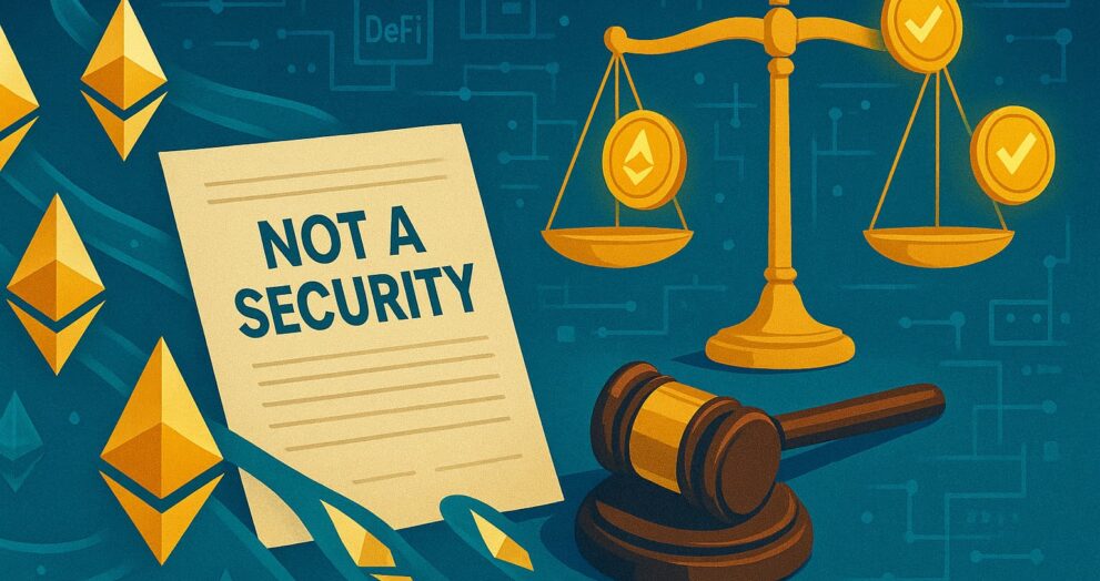 Editorial-style illustration showing Ethereum and staking tokens with SEC documents confirming liquid staking is not a securities offering