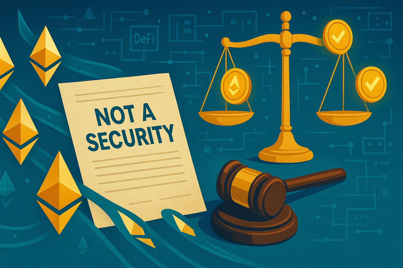 Editorial-style illustration showing Ethereum and staking tokens with SEC documents confirming liquid staking is not a securities offering