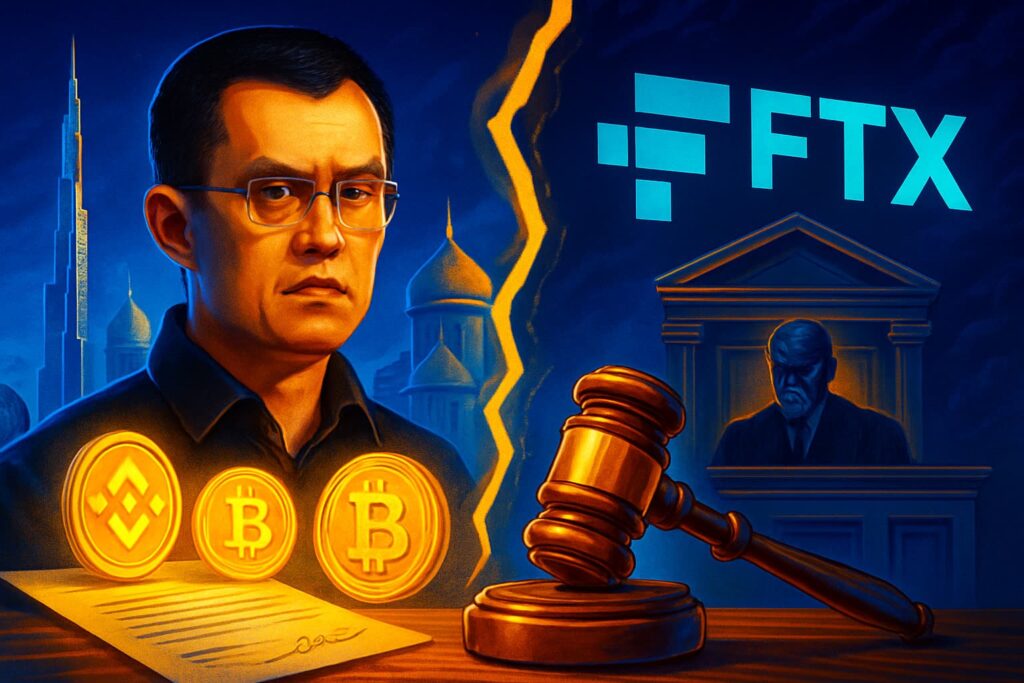 Illustration of CZ challenging U.S. court over FTX lawsuit with international legal elements