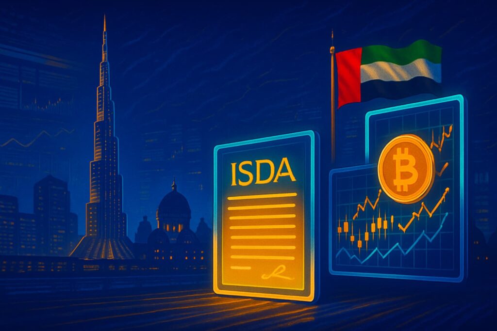 Editorial-style illustration showing Dubai skyline, ISDA contract, and crypto options representing regulated institutional crypto trading.