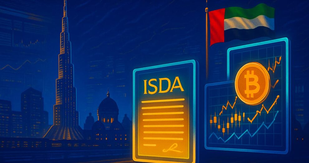 Editorial-style illustration showing Dubai skyline, ISDA contract, and crypto options representing regulated institutional crypto trading.