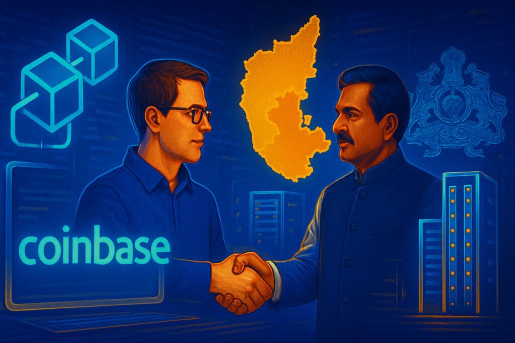 Editorial-style illustration showing Coinbase and Karnataka officials forming a blockchain partnership with developer tools and infrastructur