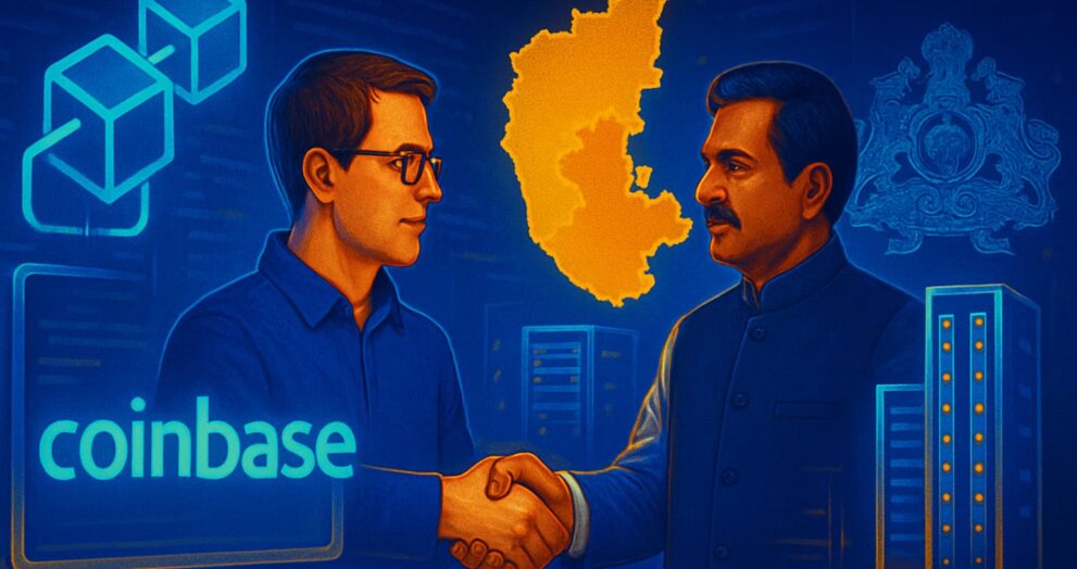Editorial-style illustration showing Coinbase and Karnataka officials forming a blockchain partnership with developer tools and infrastructur