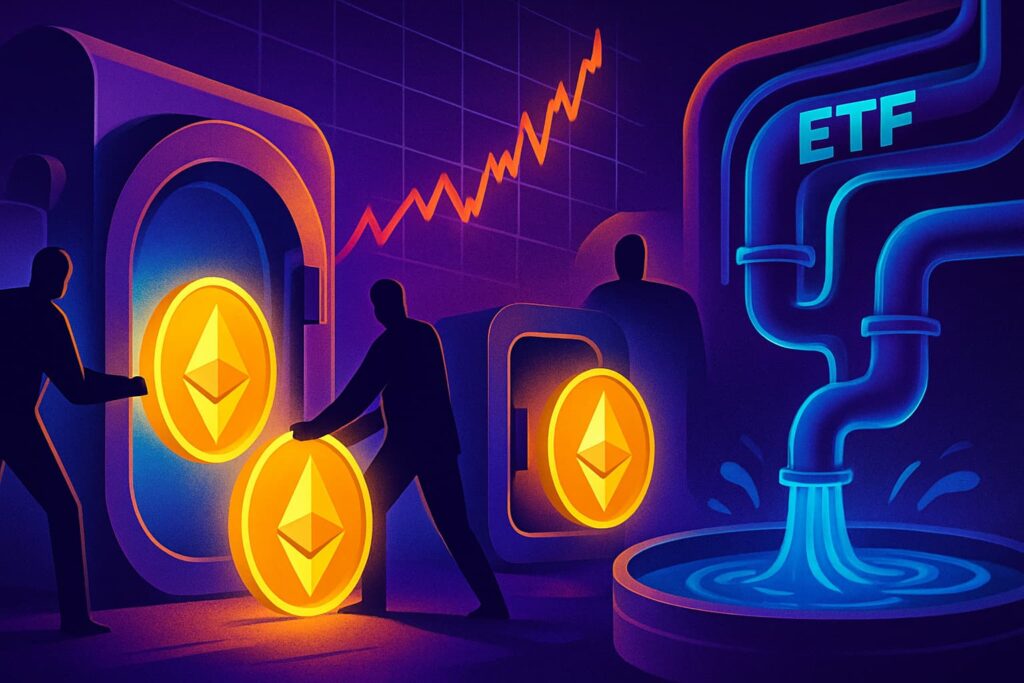 Editorial-style illustration showing institutions and ETFs accumulating large amounts of Ethereum, symbolizing rising demand and price impact.