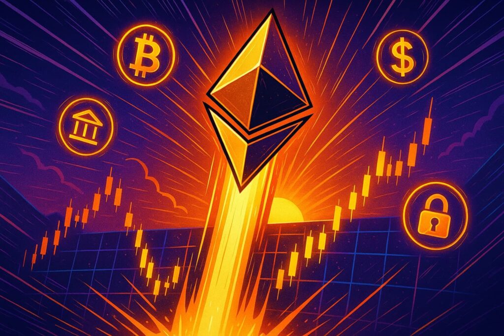 Editorial-style illustration showing Ethereum climbing towards a new all-time high with bullish charts and financial momentum.