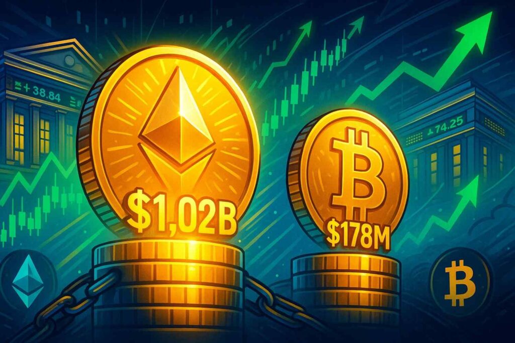 Ether ETFs record $1.02B in inflows while Bitcoin ETFs gain $178M in strong trading session.
