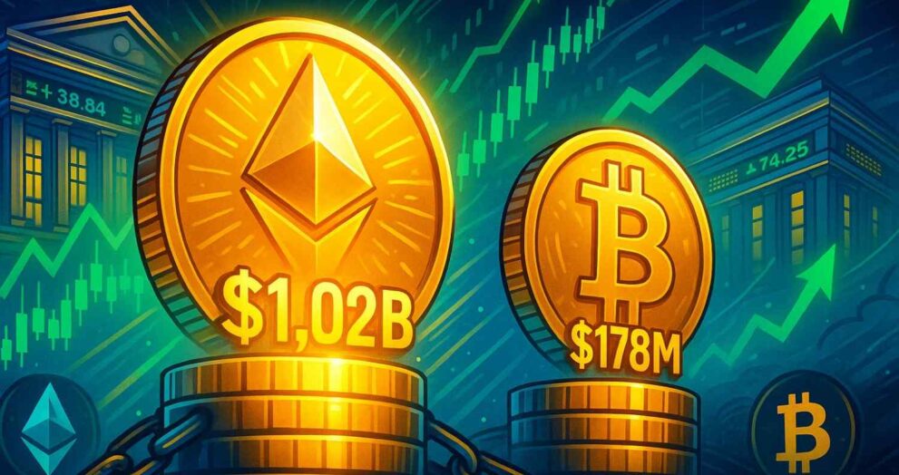 Ether ETFs record $1.02B in inflows while Bitcoin ETFs gain $178M in strong trading session.
