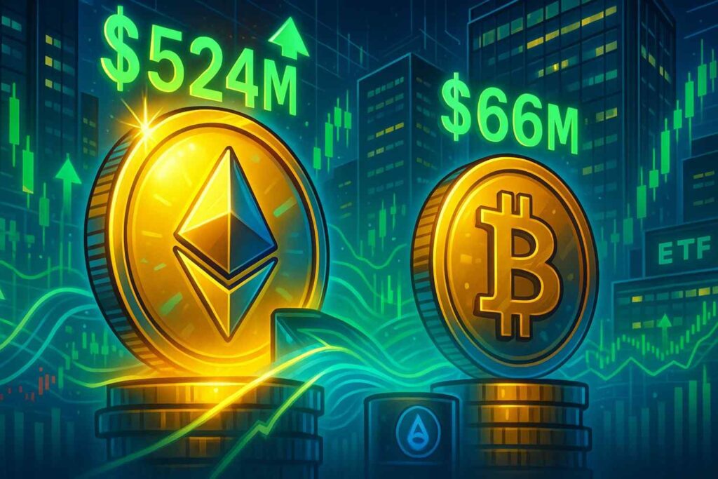 Ether ETFs post $524M second-day inflow while Bitcoin ETFs add $66M despite ARKB and GBTC outflows.