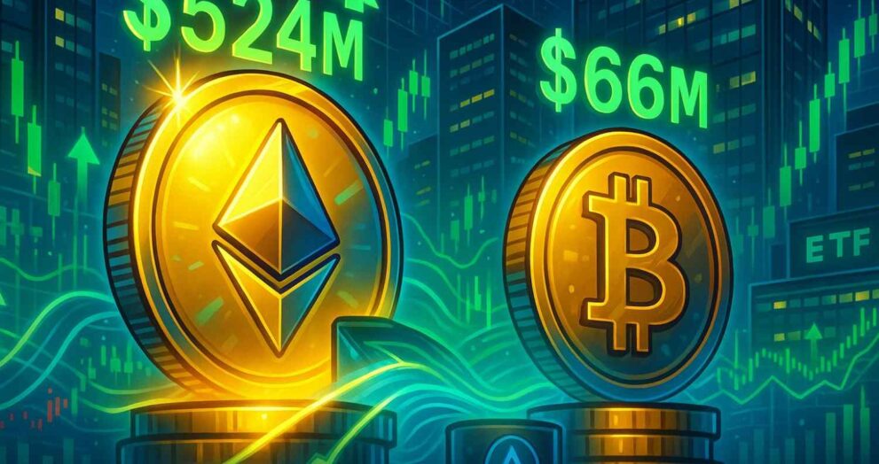 Ether ETFs post $524M second-day inflow while Bitcoin ETFs add $66M despite ARKB and GBTC outflows.